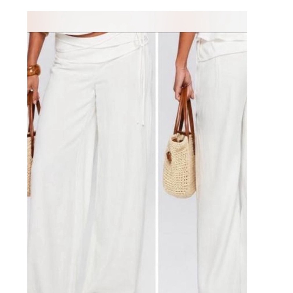 Princess Polly White Silver Moon Linen Blend Wide Leg  Tie Pants US 8